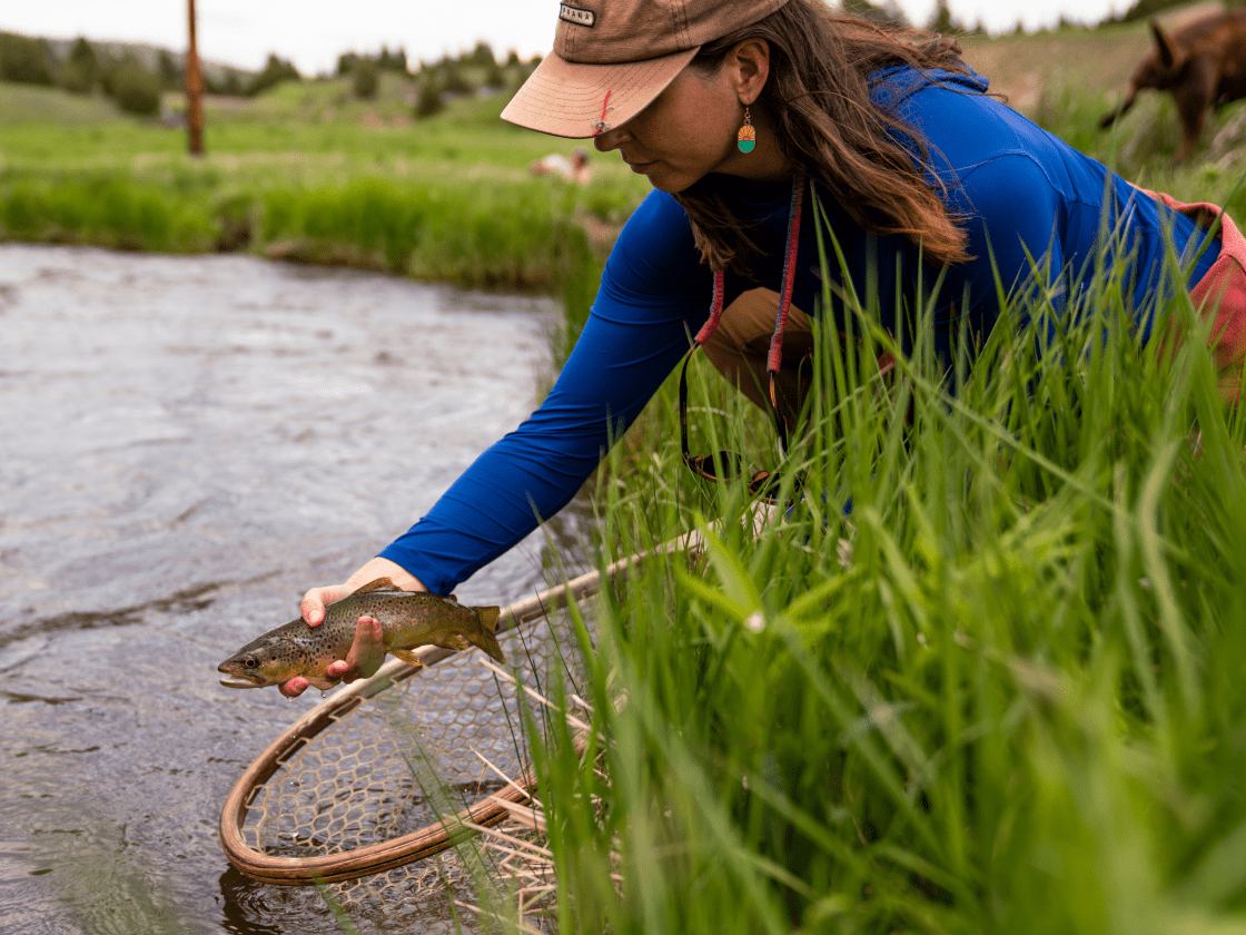 A women angler holds a brown trout above a net