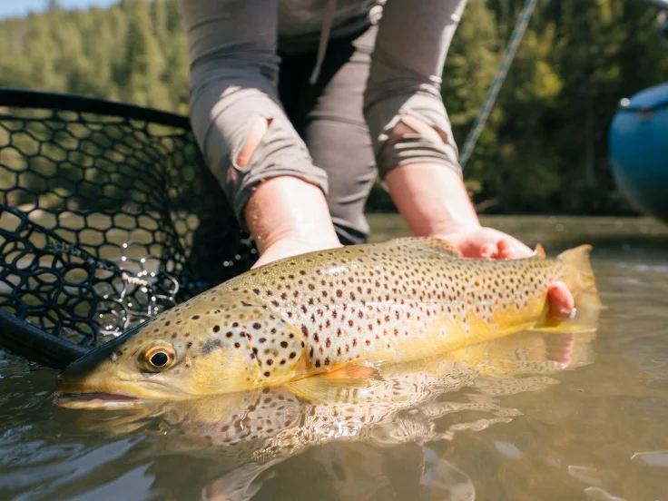 an angler holds a brown trout at the surface of a river