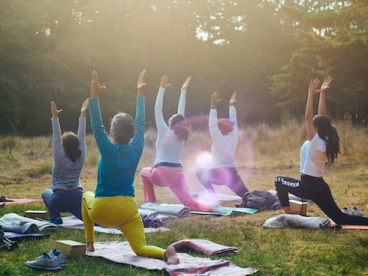 a group of women perform yoga positions in the woods