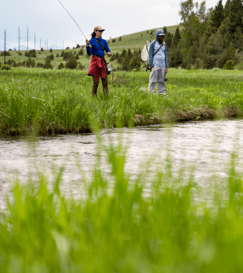 a woman fly fishes on Flint Creek near Philipsburg, Montana and her guide stands next to her