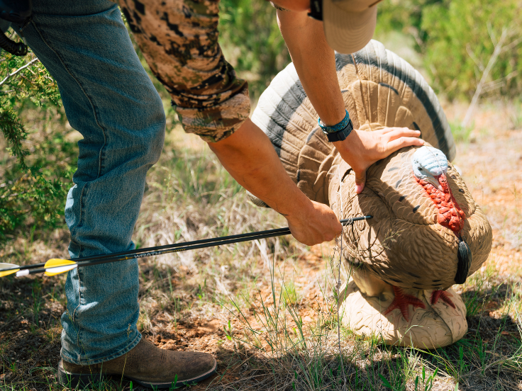 man pulls arrows out of a turkey decoy