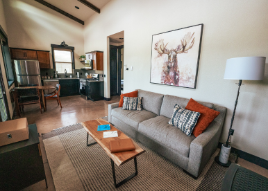 interior of a cabin with a gray couch and a well appointed kitchen