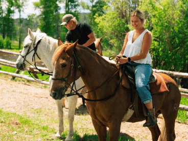 a woman in a white shirt sits on a brown horse