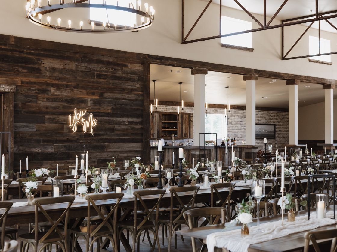 dining area with tables set up for a montana wedding