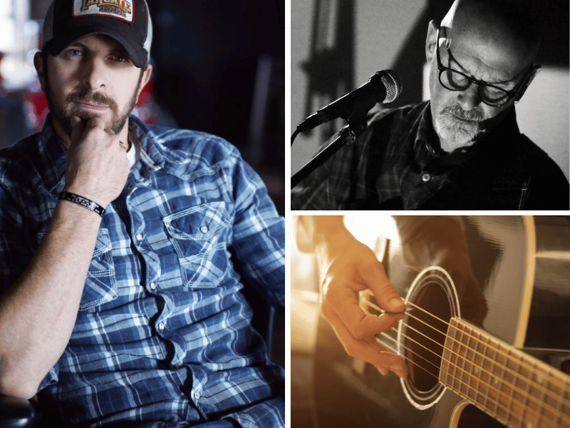 two men in two separate photos and an acoustic guitar