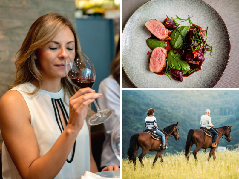 a collage of three images where a woman is drinking wine, there is a plate of food, and two people horseback riding