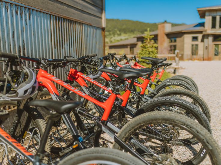 a number of mountain bikes at a bike rack