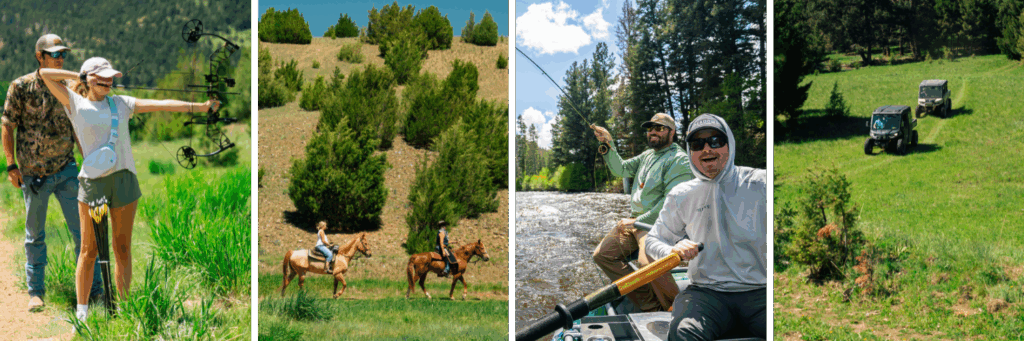 collage of things to do at a montana guest ranch: archery, horseback riding, fishing, side-by-side tours