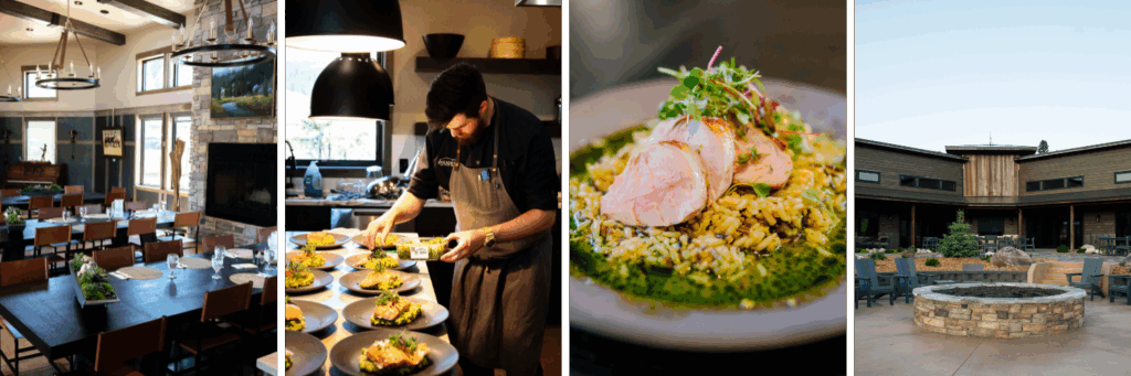 collage of evenings a montana guest ranch: dining room, prepared meals and sitting around the fire