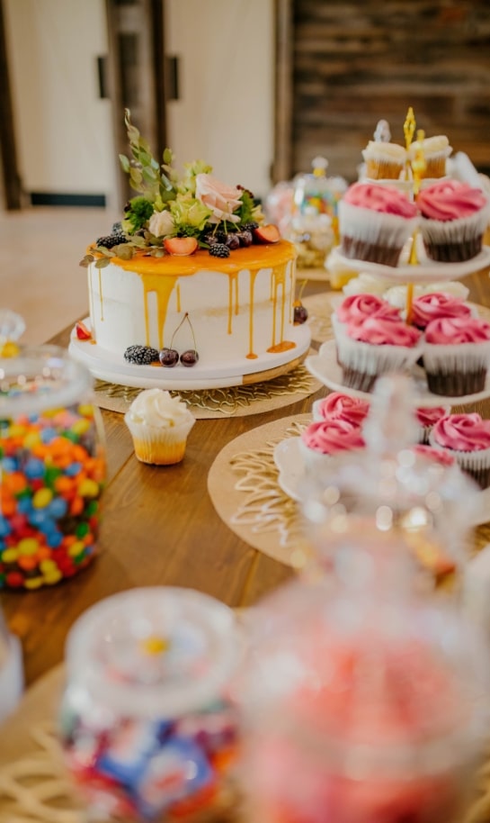 wedding decor and cake on a table