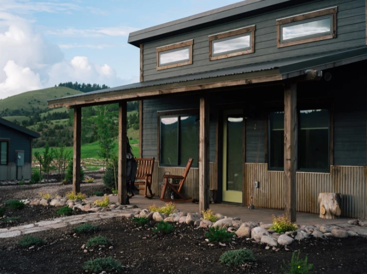 a cabin in front of a green mountain