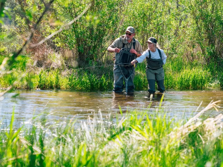 two people standing in a creek in Montana while fly fishing