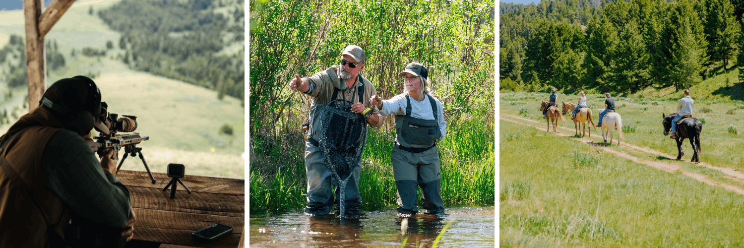 3 photos depicting a montana skillcation where someone could learn about shooting sports, fly fishing, and horsemanship